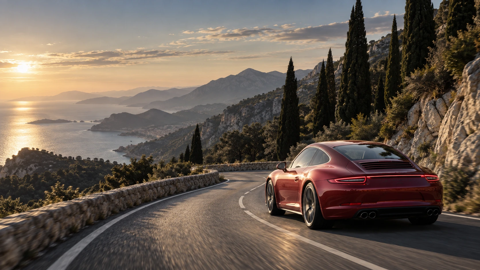 A claret Porsche on a winding coastal road above the sea in the morning light.